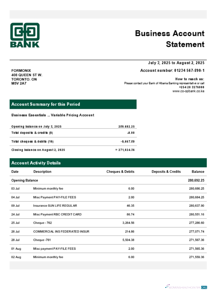 Kenyan Co operative company checking account statement Word and PDF template (1)